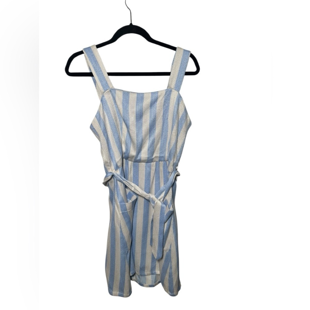 Never A Wallflower Malia Dress Blue and‎ White Stripe Front Pockets Tie at Waist
